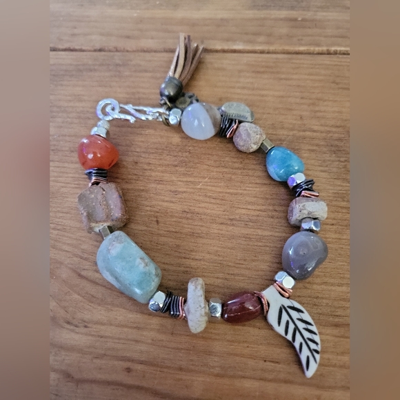 Blue Honey Jewelry Nature Walk Gemstone & Bone Bead Bohemian Bracelet XL - Picture 4 of 8
